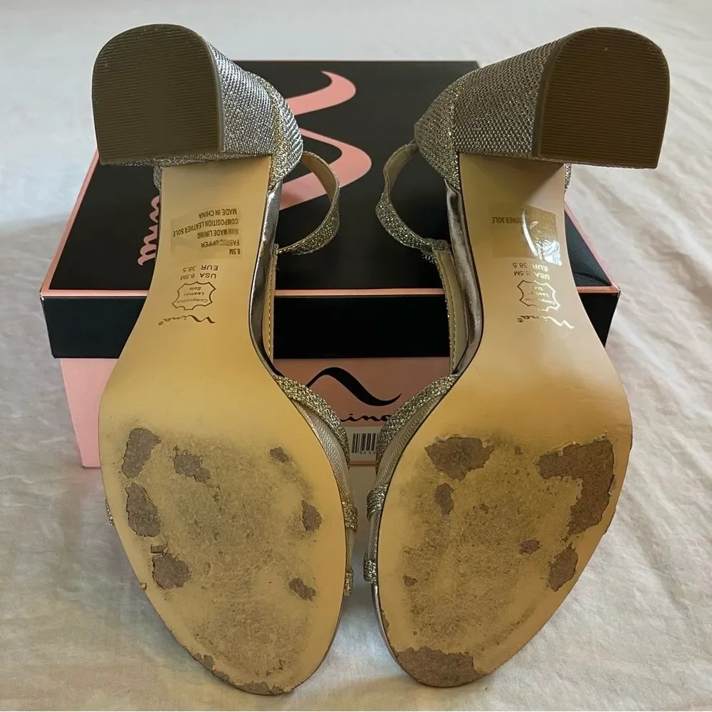 Nina Haviva Rhinestone T-Strap Heels | Gold | Size 8.5